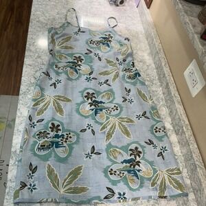 Tommy Bahama Silk Midi Dress 8 Blue Tropical Floral Palm Tree Spaghetti Strap